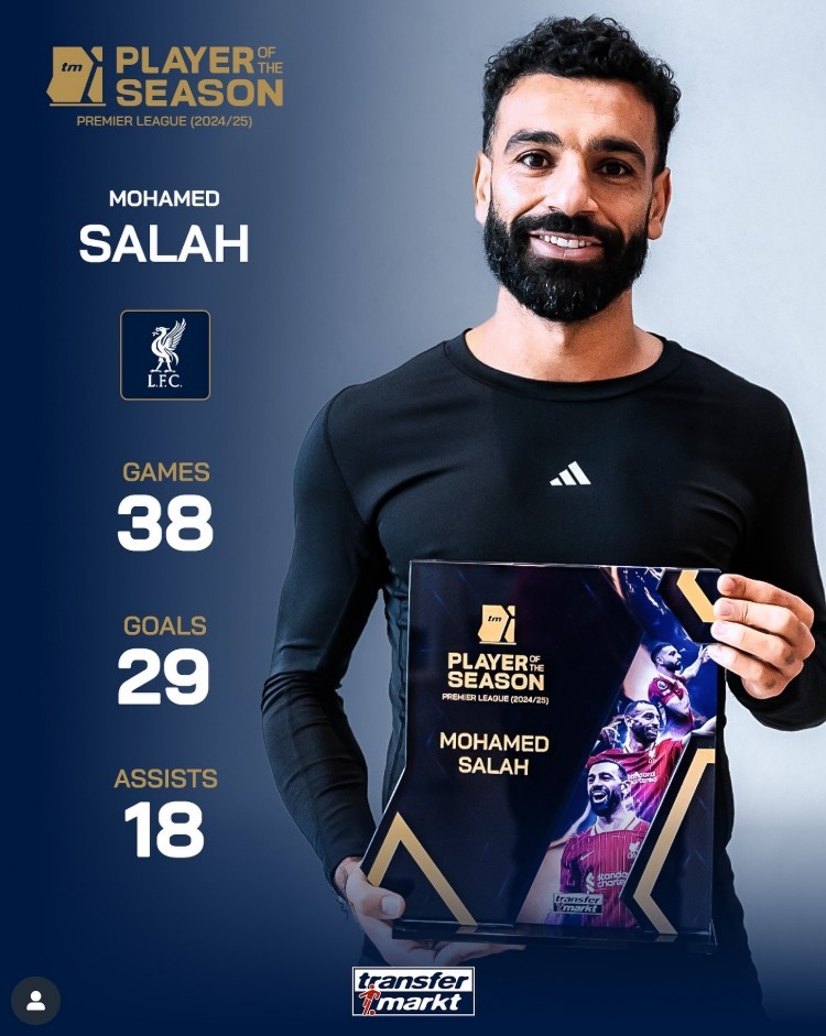 亿万28APP-29球18助，萨拉赫领取德转颁发的上赛季英超最佳球员奖杯